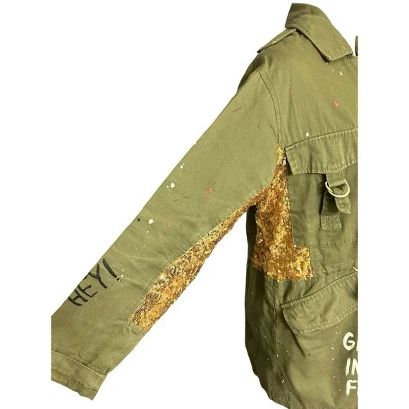 Zara Trafaluc Anorak Utility Jacket Army Green Sequin Embroidered Full Z… - Picture 7 of 13
